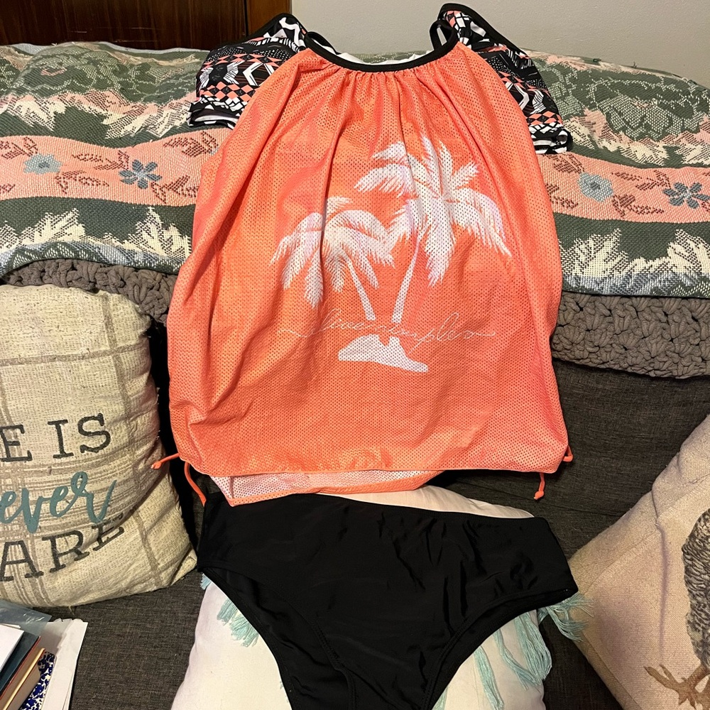Coral Palm Tree Swimsuit Cover-Up with Black Bikini Bottom